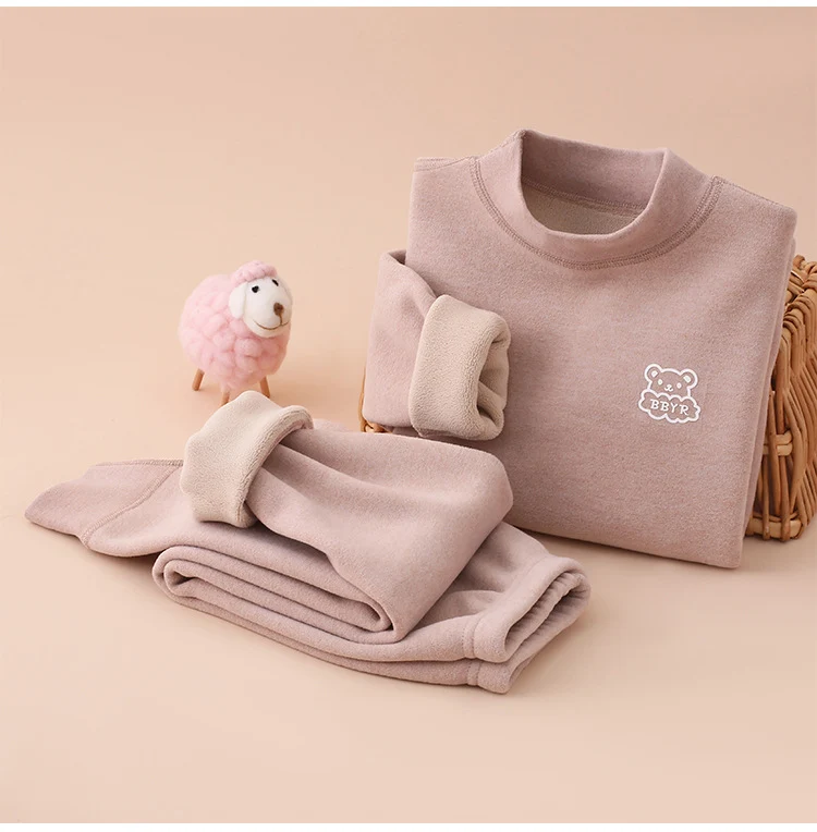 Autumn and winter fleece-lined children's clothing large children's mid-collar autumn pants children's inner warm bottoming shirt children's home clothing suit