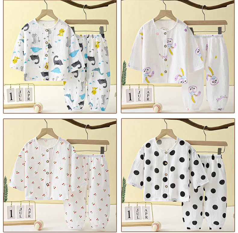 Children's Thin Double-Layer Gauze Pajamas Two-Piece Set Summer Girls Home Clothes Baby Boy Long-Sleeved Bloomers Set