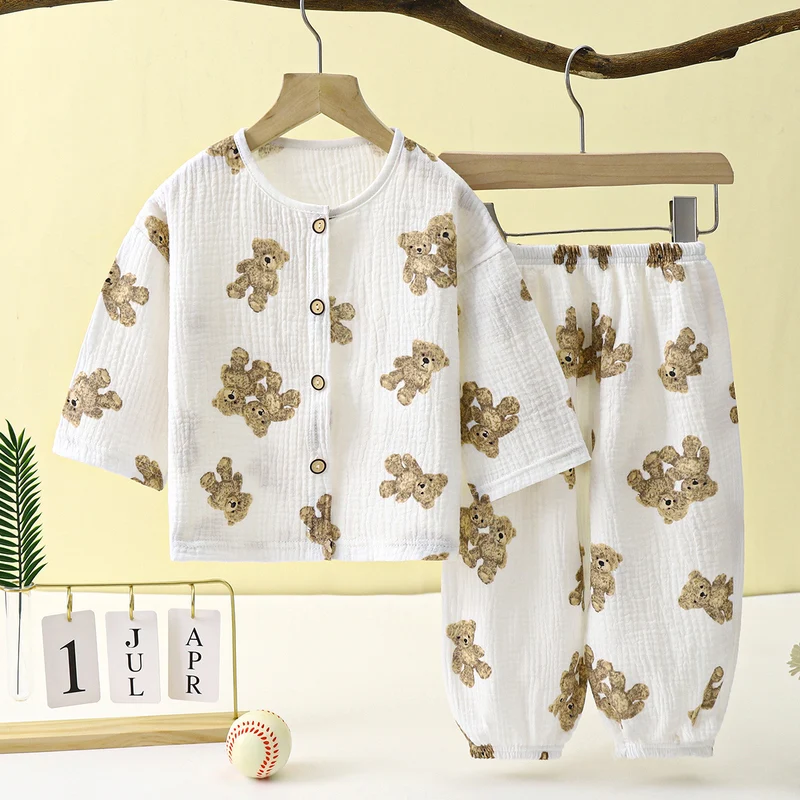 Children's Thin Double-Layer Gauze Pajamas Two-Piece Set Summer Girls Home Clothes Baby Boy Long-Sleeved Bloomers Set