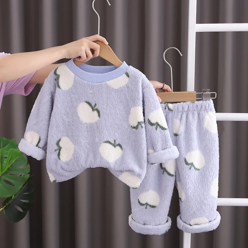 Free Shipping Yukids Kidsren's Autumn and Winter Home Clothes Set for Men and Women Baby Flannel Fruit Warm Two-Piece Set