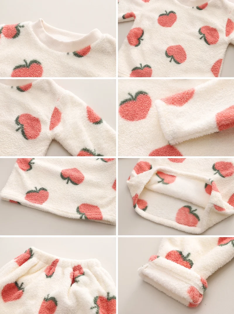 Free Shipping Yukids Kidsren's Autumn and Winter Home Clothes Set for Men and Women Baby Flannel Fruit Warm Two-Piece Set