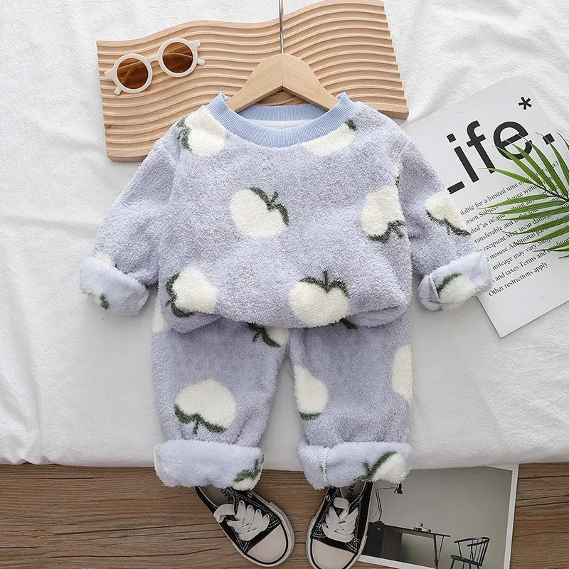 Free Shipping Yukids Kidsren's Autumn and Winter Home Clothes Set for Men and Women Baby Flannel Fruit Warm Two-Piece Set