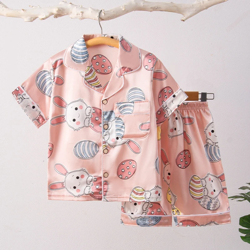 Children's Home Suit Summer Thin Boys and Girls Short-sleeved Cropped Pants Air-conditioning Suit 3-8 Children's Pajamas