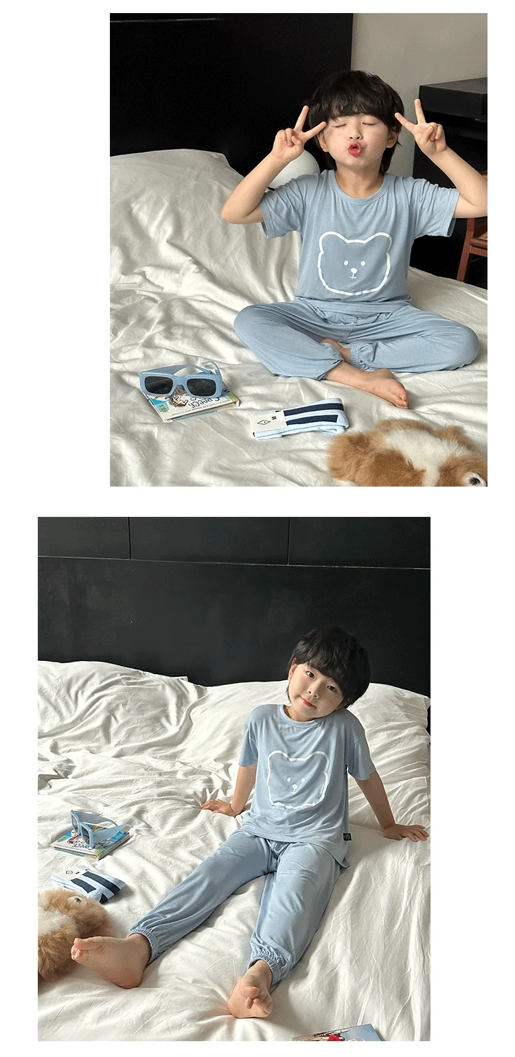 Children's Modal Pajamas Summer Thin Short-sleeved Trousers Ice Silk Middle-aged Boys and Girls Home Suit Summer