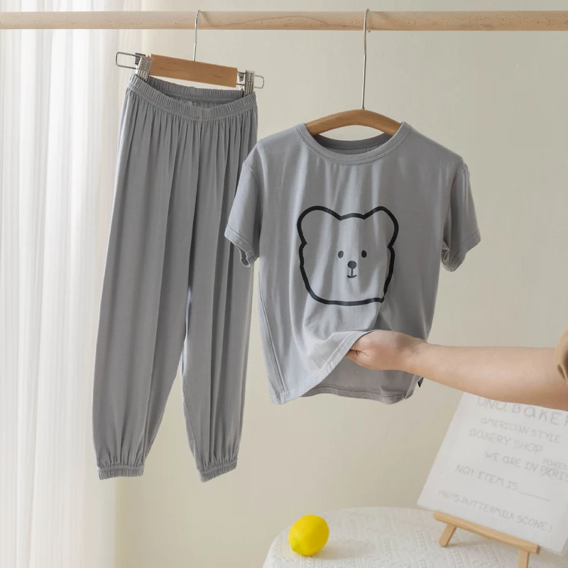 Children's Modal Pajamas Summer Thin Short-sleeved Trousers Ice Silk Middle-aged Boys and Girls Home Suit Summer