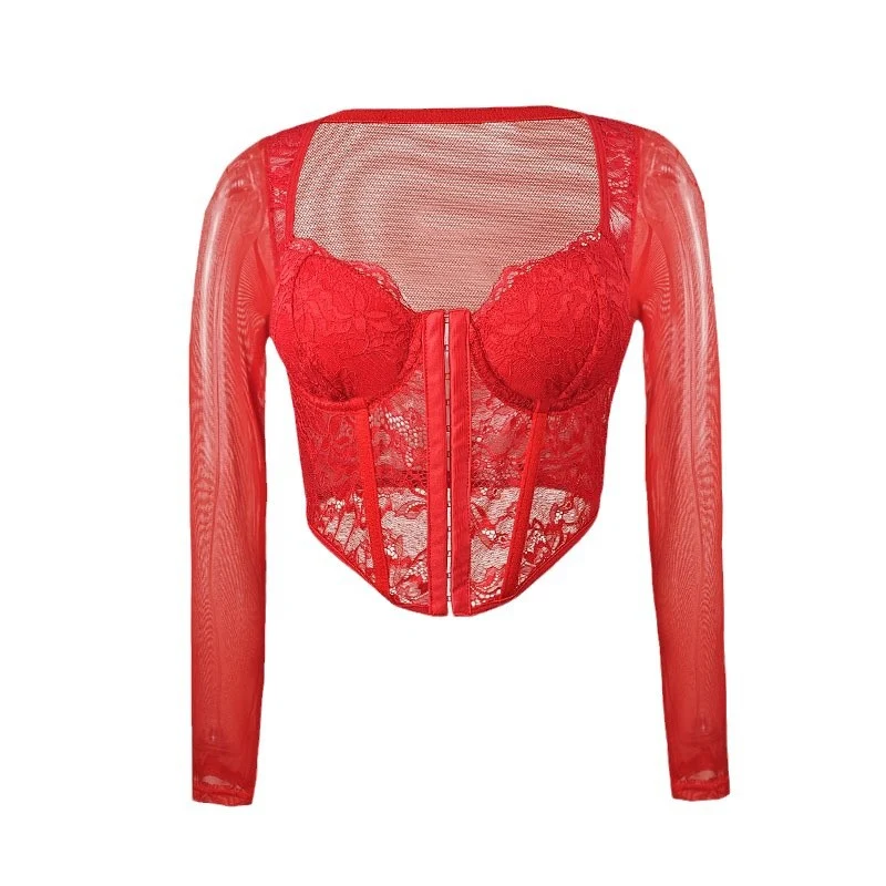 European and American Style Sexy Lace Mesh Square Collar Long-Sleeved T-Shirt Women's Hot Girl Stretch Slim-Fit Slimming Short Top