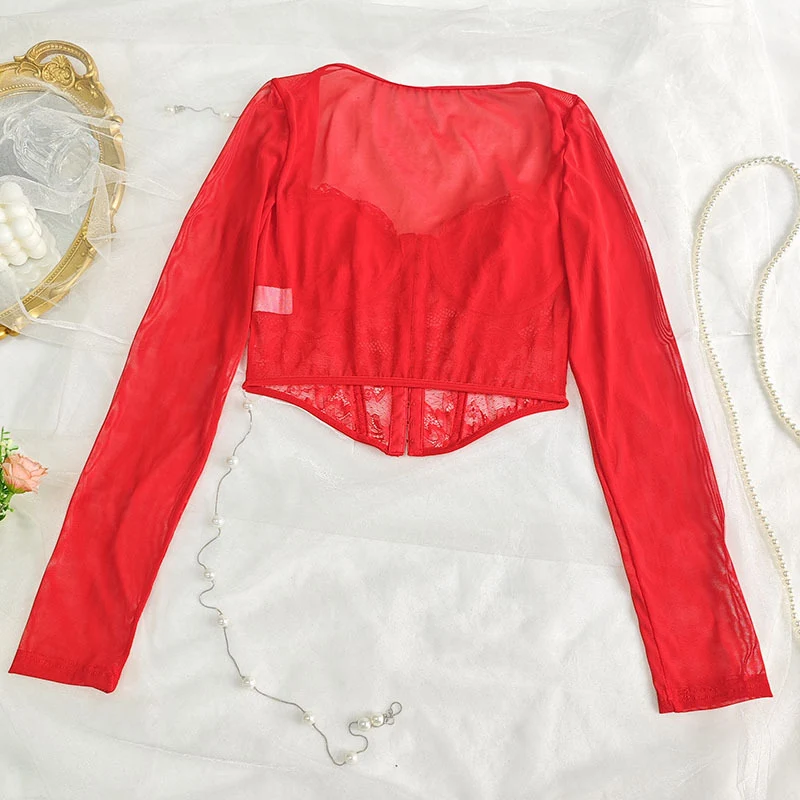 European and American Style Sexy Lace Mesh Square Collar Long-Sleeved T-Shirt Women's Hot Girl Stretch Slim-Fit Slimming Short Top