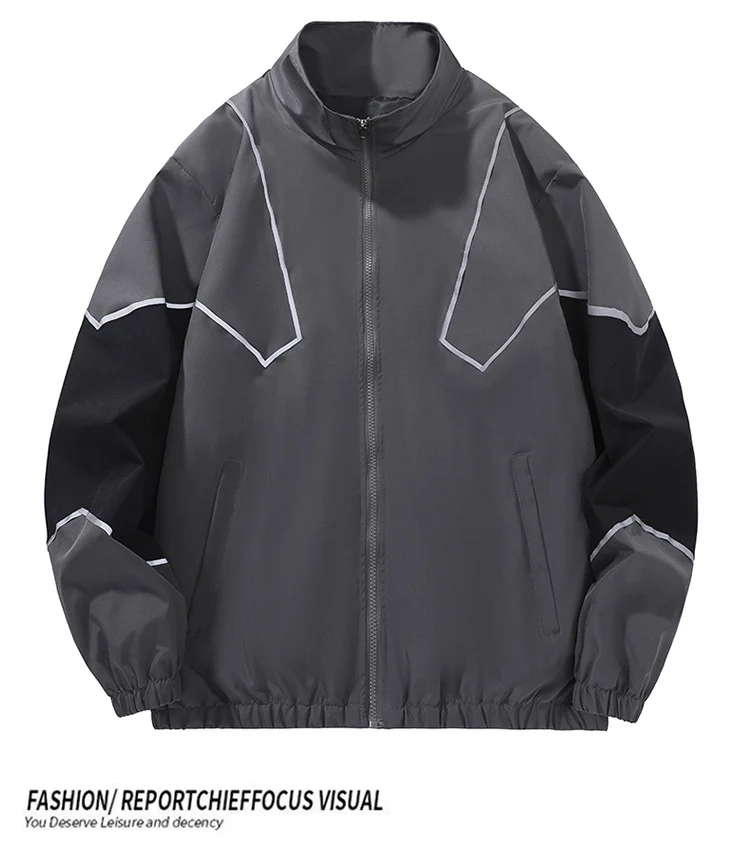 Russian Foreign Trade Trendy Brand Reflective Patchwork Stand-Up Collar Jacket Spring and Autumn Loose Sports Casual Jacket for Men