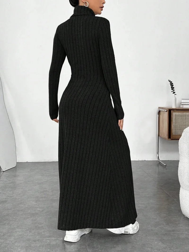 European and American Cross-Border Autumn and Winter Women's Clothing, Slim-Fitting High Collar, Fashionable Solid Color Pit Strip Brushed Long-Sleeved Dress for Women