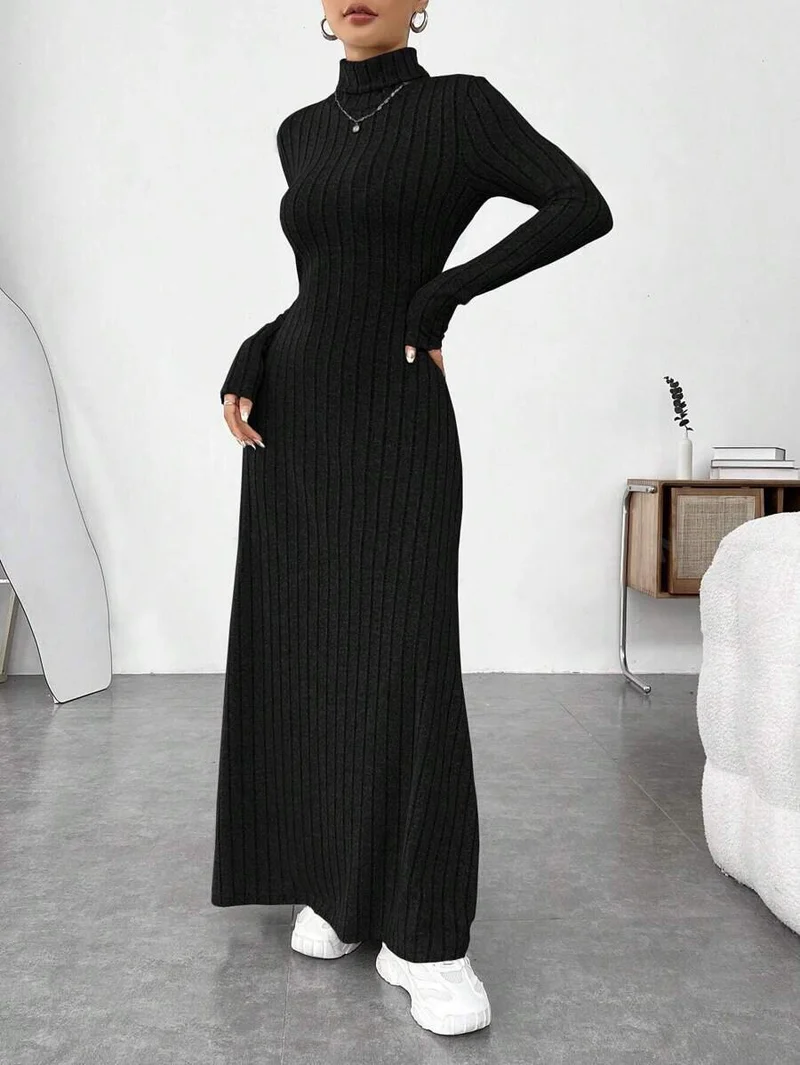 European and American Cross-Border Autumn and Winter Women's Clothing, Slim-Fitting High Collar, Fashionable Solid Color Pit Strip Brushed Long-Sleeved Dress for Women