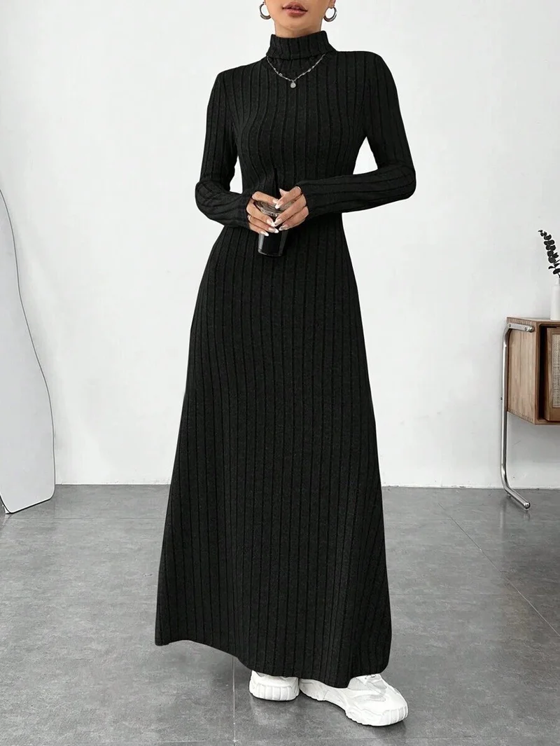 European and American Cross-Border Autumn and Winter Women's Clothing, Slim-Fitting High Collar, Fashionable Solid Color Pit Strip Brushed Long-Sleeved Dress for Women
