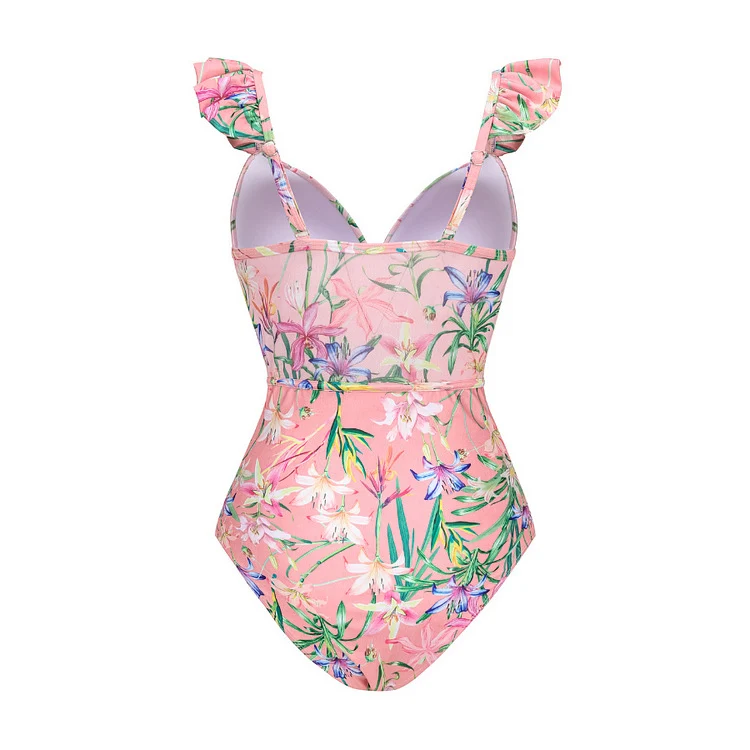 2024 Europe and America Amazon AliExpress one-piece swimsuit Mini ruffled mesh stitching printed swimsuit 2560