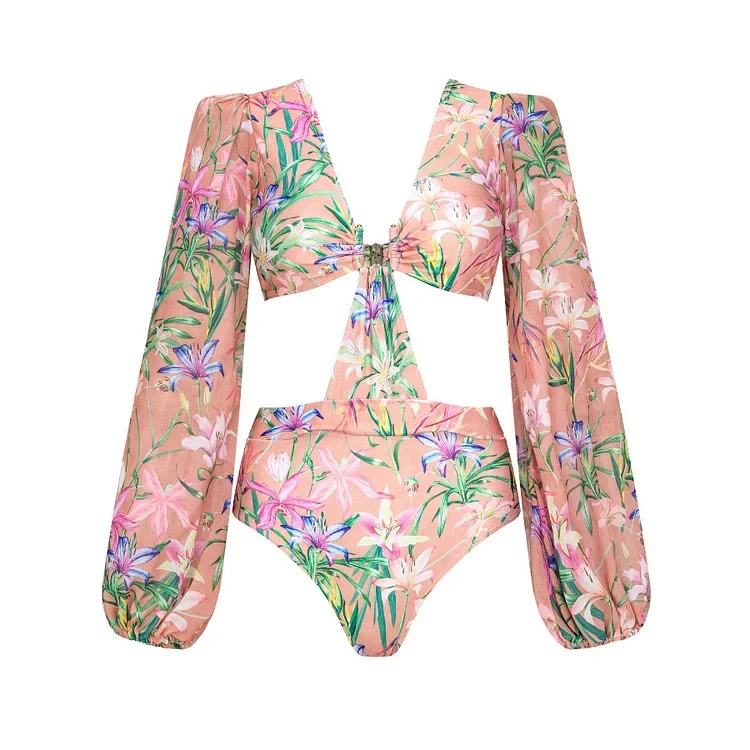 2024 Europe and America Amazon AliExpress one-piece swimsuit Mini ruffled mesh stitching printed swimsuit 2560