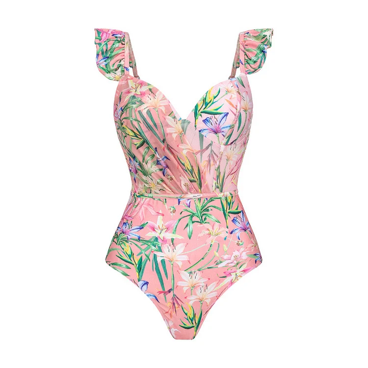 2024 Europe and America Amazon AliExpress one-piece swimsuit Mini ruffled mesh stitching printed swimsuit 2560