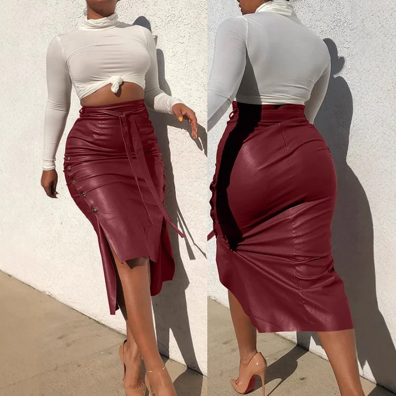 Cross-border foreign trade European and American leather skirt Amazon women's clothing hot sale split slim mid-length hip half PU skirt generation hair
