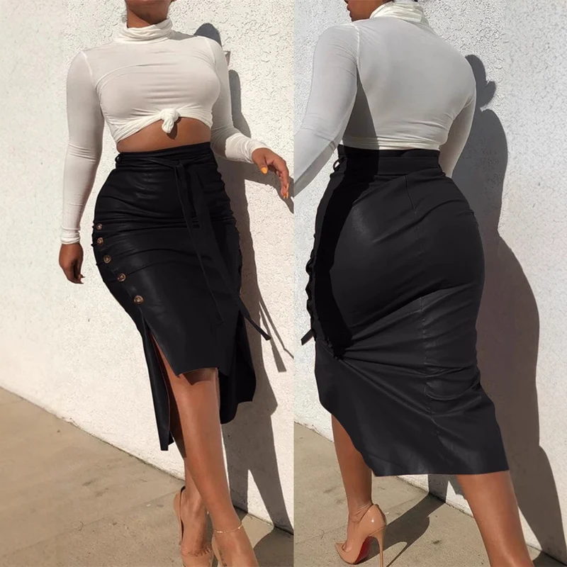 Cross-border foreign trade European and American leather skirt Amazon women's clothing hot sale split slim mid-length hip half PU skirt generation hair