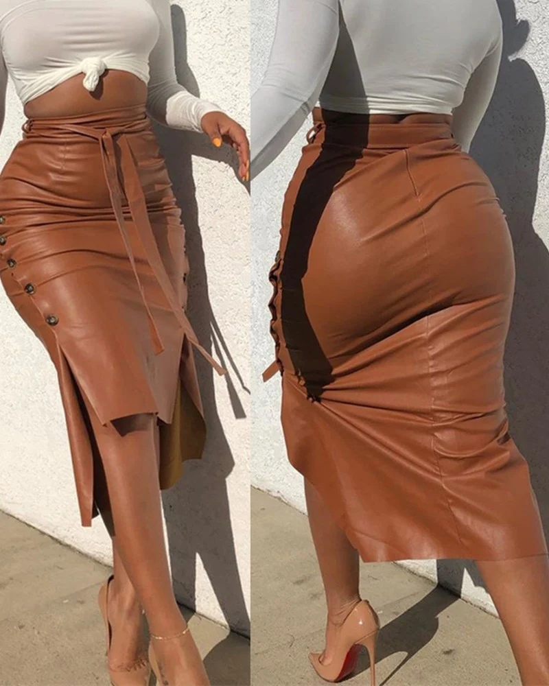 Cross-border foreign trade European and American leather skirt Amazon women's clothing hot sale split slim mid-length hip half PU skirt generation hair