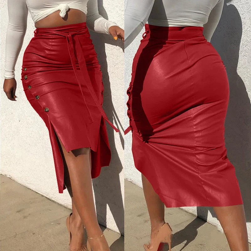 Cross-border foreign trade European and American leather skirt Amazon women's clothing hot sale split slim mid-length hip half PU skirt generation hair