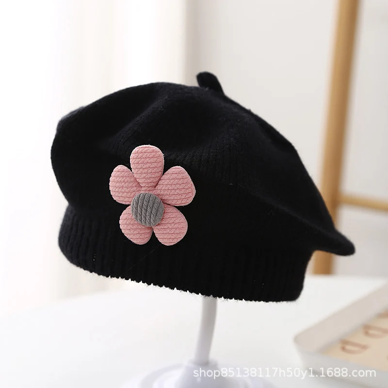 Baby hat autumn and winter baby girls' cute flower beret children's wool hat girls' knitted painter hat fashion