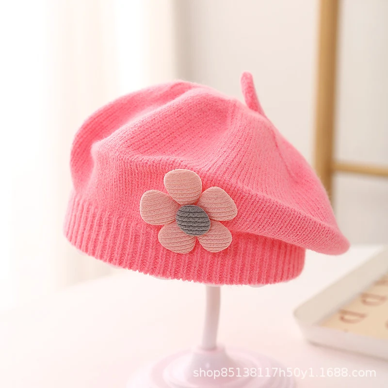 Baby hat autumn and winter baby girls' cute flower beret children's wool hat girls' knitted painter hat fashion