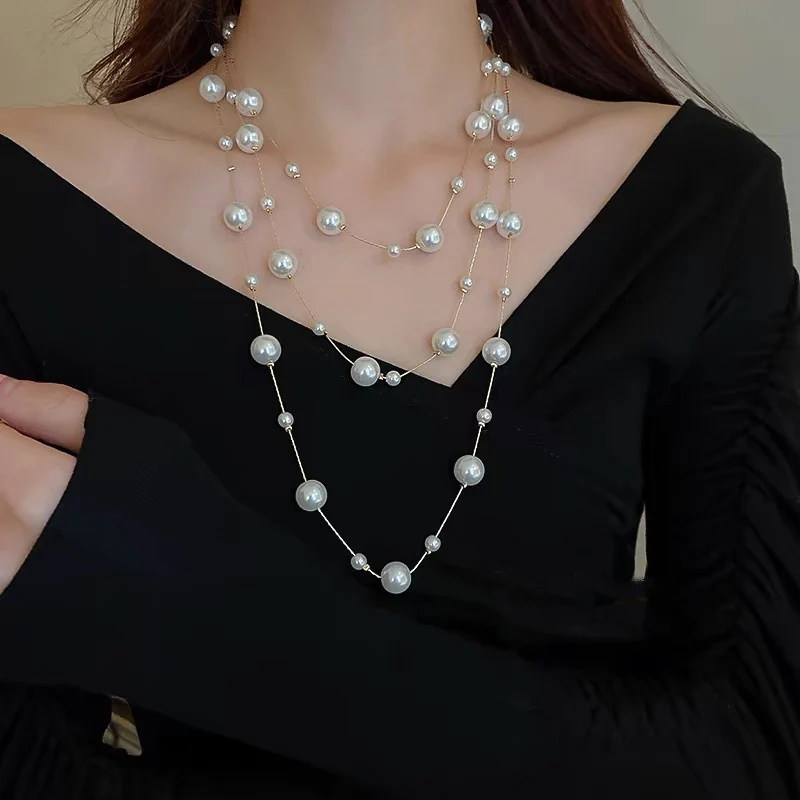 Light Luxury and High-End Multi-Layered Pearl Sweater Chain, Feminine, Simple, Long Autumn and Winter Necklace, Alloy Accessories, Jewelry