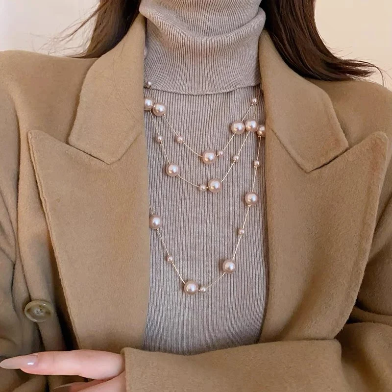 Light Luxury and High-End Multi-Layered Pearl Sweater Chain, Feminine, Simple, Long Autumn and Winter Necklace, Alloy Accessories, Jewelry