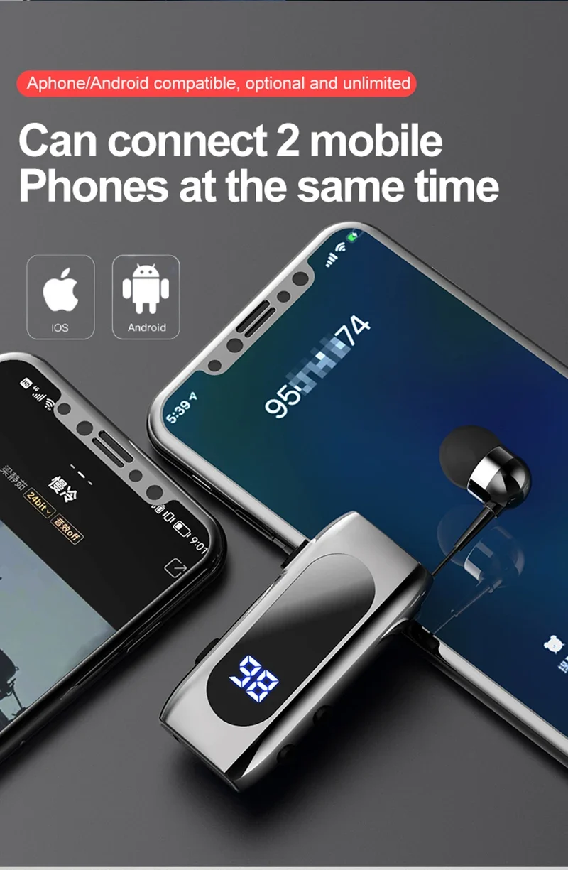 K55 Lavalier Business Bluetooth 5.2 Headphone Talk/Music Time 20 Hours,LED Digital Display,Noice Cancelling Wireless Earphones