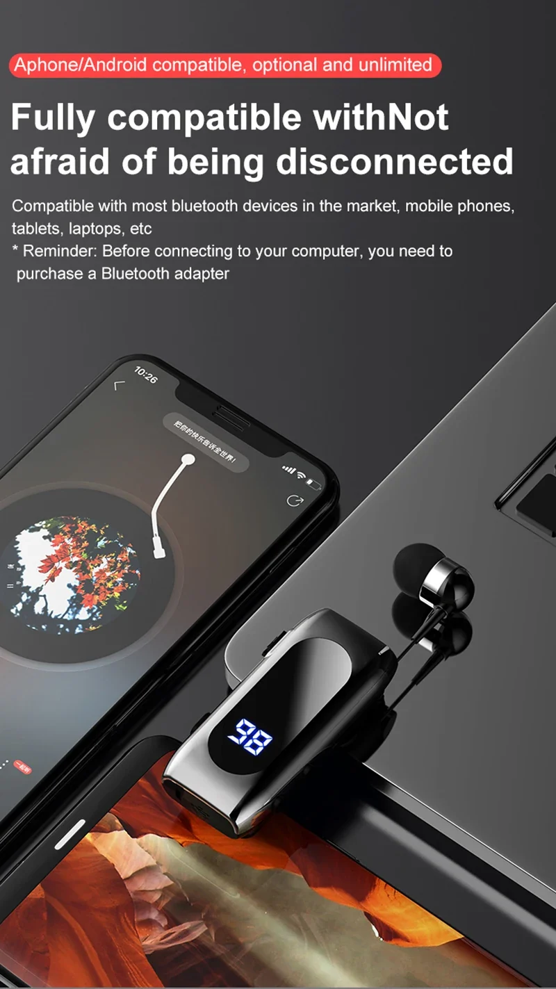 K55 Lavalier Business Bluetooth 5.2 Headphone Talk/Music Time 20 Hours,LED Digital Display,Noice Cancelling Wireless Earphones
