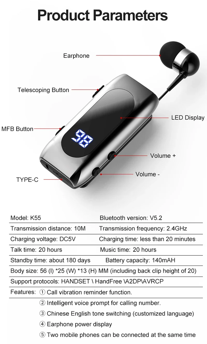K55 Lavalier Business Bluetooth 5.2 Headphone Talk/Music Time 20 Hours,LED Digital Display,Noice Cancelling Wireless Earphones