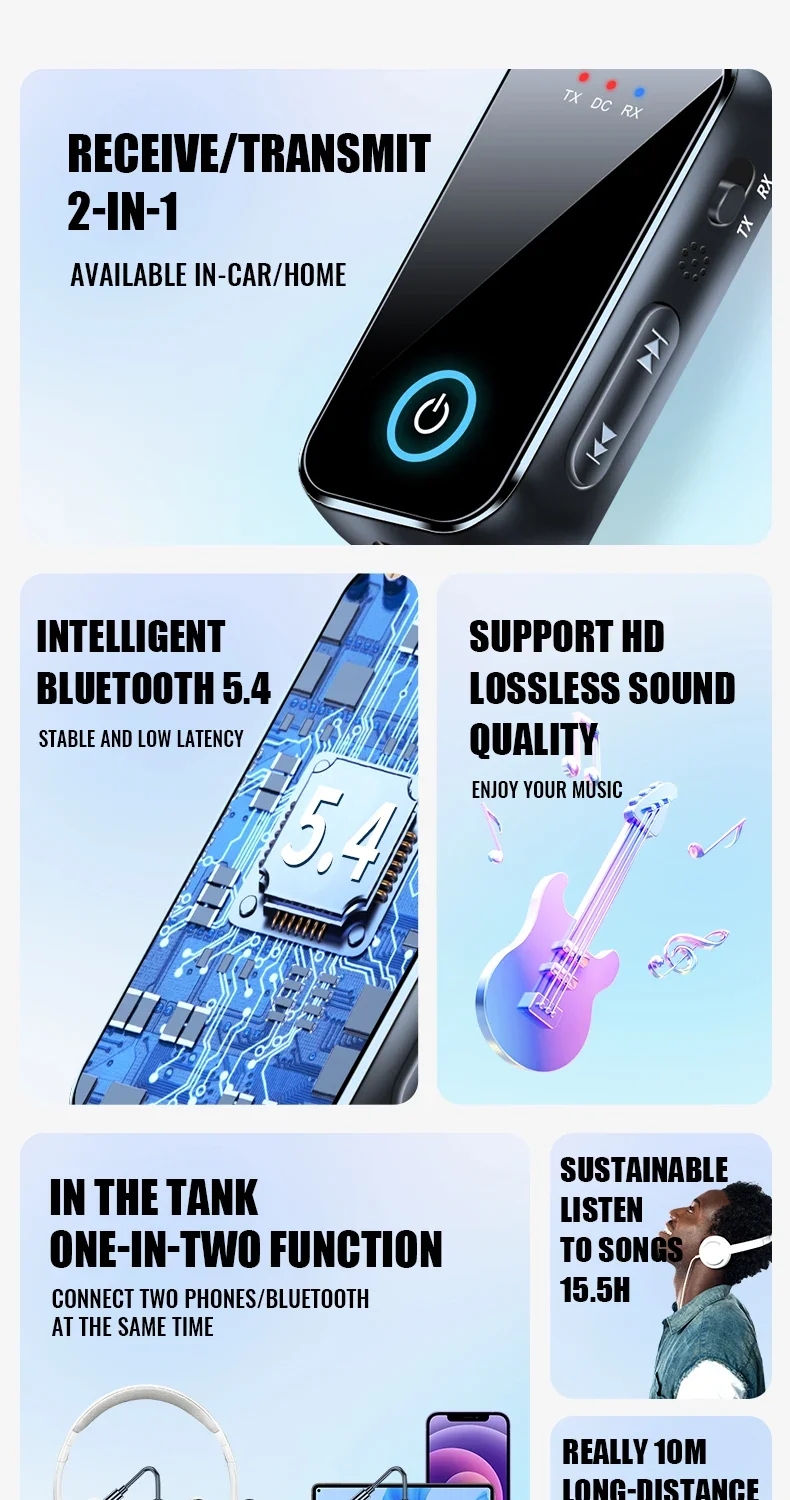 Upgraded Bluetooth 5.4 AUX Receiver Transmitter 3.5MM With Mic HiFi Stereo Music Wireless Audio Adapter For TV PC Airplane Car