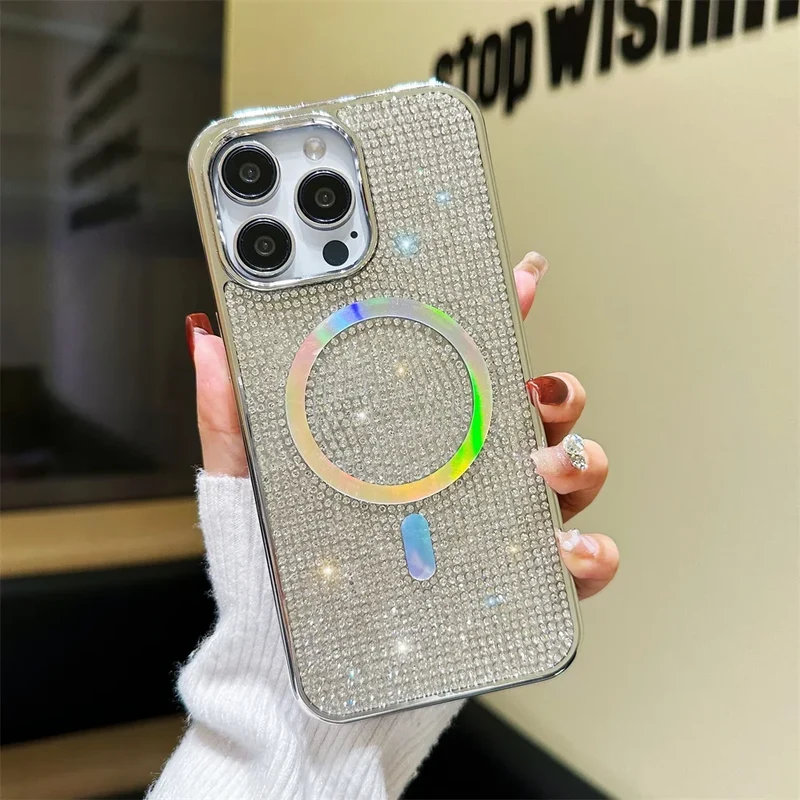 Luxury Diamond For Magsafe Case for iPhone 15 16 17 Pro Max Plus Bling Shinny Magnetic Cover for iPhone 11 12 13 14 Pro Max