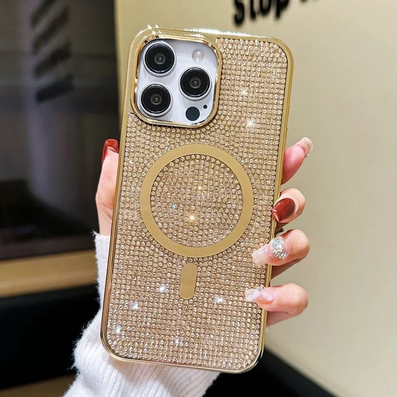 Luxury Diamond For Magsafe Case for iPhone 15 16 17 Pro Max Plus Bling Shinny Magnetic Cover for iPhone 11 12 13 14 Pro Max