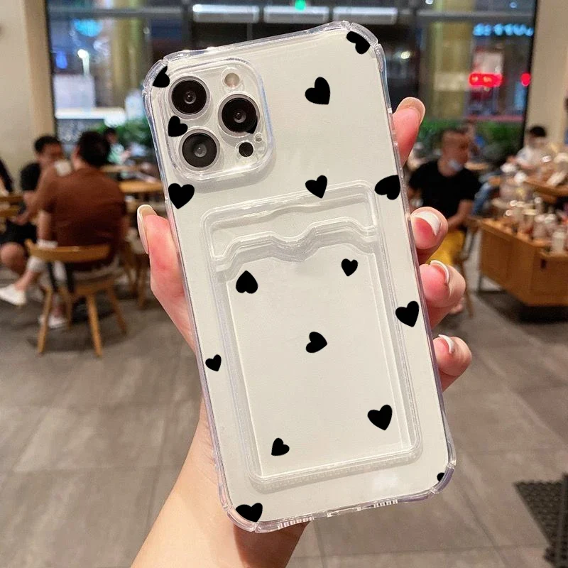 Case For iPhone 16 15 14 13 12 11 Pro Max Black White Love Heart Clear Phone Cover For iPhone XS X 7 8 Plus Wallet Card Bag Case