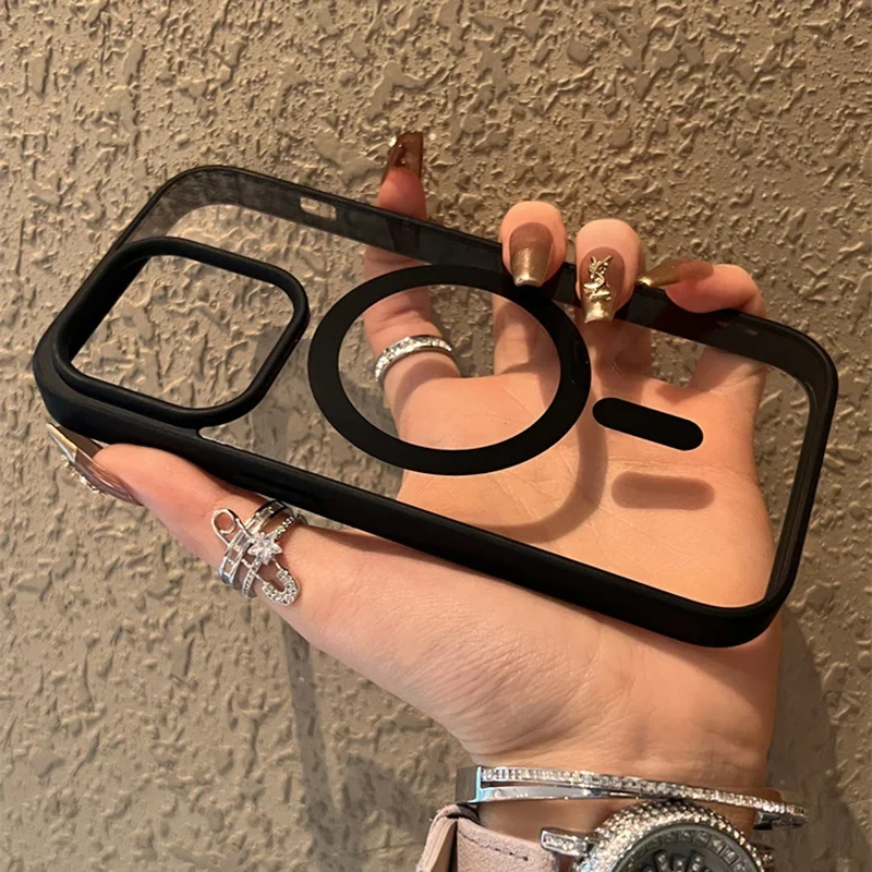 Luxury Magsafe Wireless Charge Phone Case for iPhone 16 15 14 Plus 13 12 11 Pro Max Mini Magnetic Soft Bumper Transparent Cover