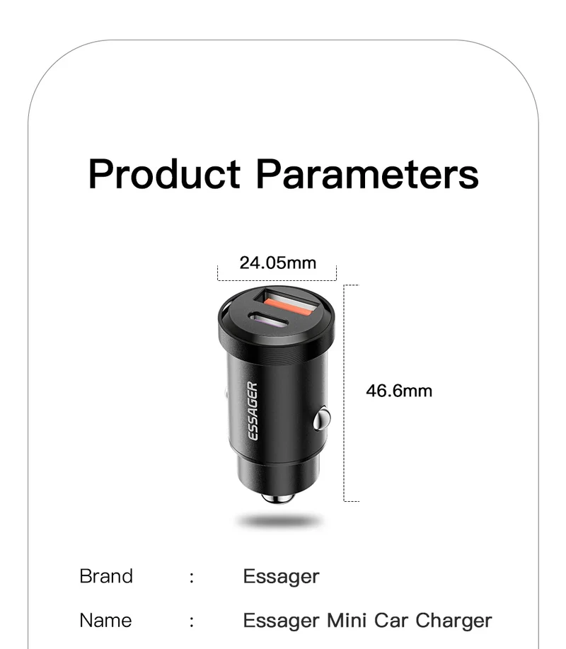 Essager USB Car Charger Quick Charge 4.0 QC4.0 PD3.0 SCP 5A Type C 30W Fast Car USB Charger For iPhone 13 12 Xiaomi Mobile Phone