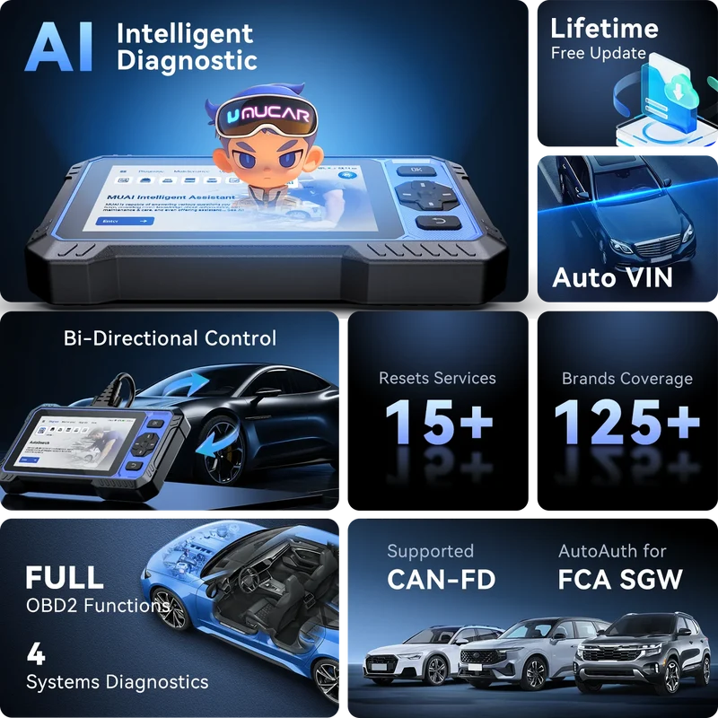 MUCAR 632 AI Car Diagnostic Tool CANFD 4 Systems ECM TCM ABS SRS 15 RESET Bi-Directional Control Obd2 Automotive Scanner