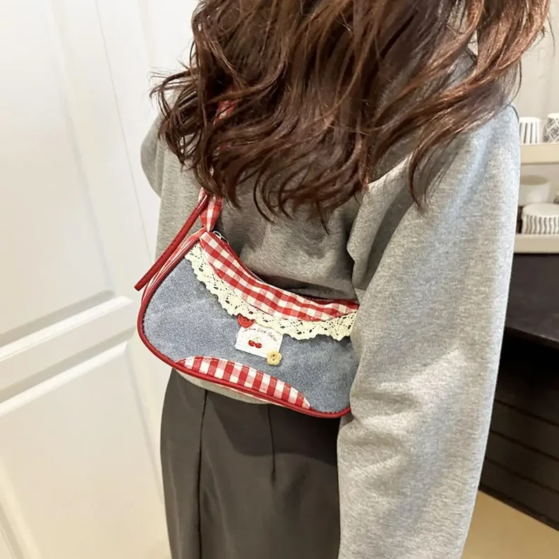 Fashion Grid Mini Handbag with Adjustable Shoulder Strap Korean Style Hand-held Commuting Bag Single-Shoulder Crossbody Underarm