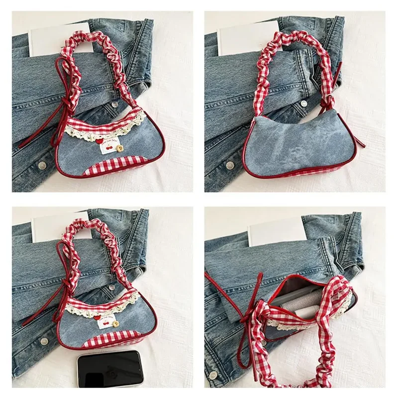 Fashion Grid Mini Handbag with Adjustable Shoulder Strap Korean Style Hand-held Commuting Bag Single-Shoulder Crossbody Underarm