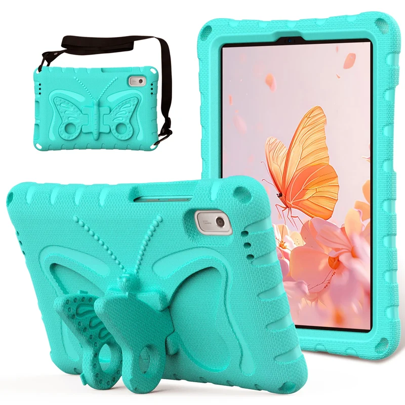 For Lenovo Tab M9 Case Butterfly Kickstand EVA Tablet Cover with Shoulder Strap - Mint Green