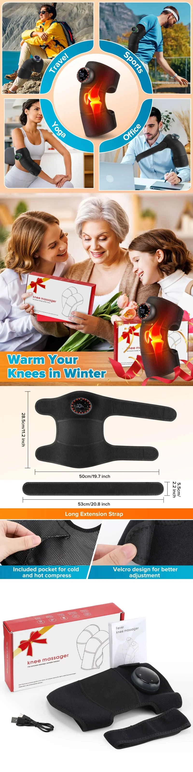 Electric Heated Vibration Knee Massage Pad 3 in 1 Massager for Shoulder Elbow Hot Compress Thermal Joint Brace Muscle Relaxation