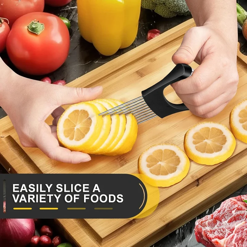 1pc Stainless Steel Onion Slicer Holder Tomato Slicer Holder Multipurpose Meat Tenderizers Kitchen Gadgets Assistant Slicer Tool