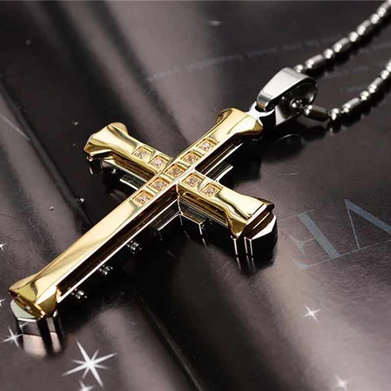 Minimalist Cross Chain for Men – Cool Black & Gold CZ Pendant, Punk Streetwear Gift