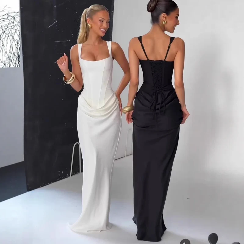 CHNMR Sexy Backless Ruched Maxi Dress for Women U-neck Sleeveless Bandage Bodycon Black Long Dresses Lady Evening Party Gown
