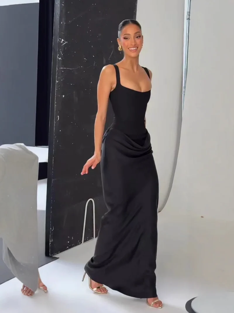 CHNMR Sexy Backless Ruched Maxi Dress for Women U-neck Sleeveless Bandage Bodycon Black Long Dresses Lady Evening Party Gown