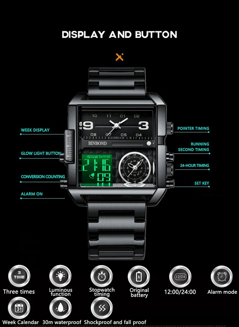 BINBOND Luxury quartz watches for men luminous waterproof multi-functional men's watch sport fashion casual reloj wristwatch TOP