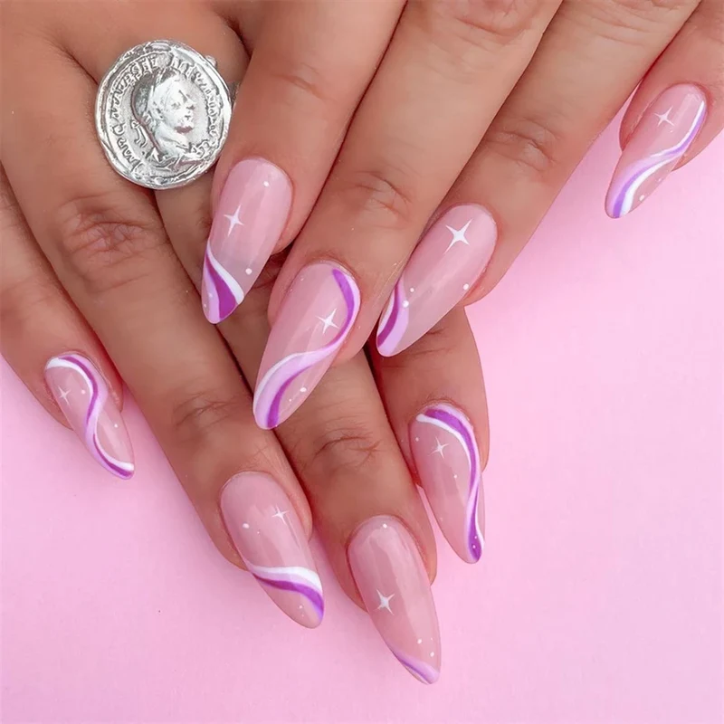 24Pcs Manicure Wearable Fake Nails Ballerina Removable Coffin Fake Nails Finished Women Girls Almond False Nails Art Decoration