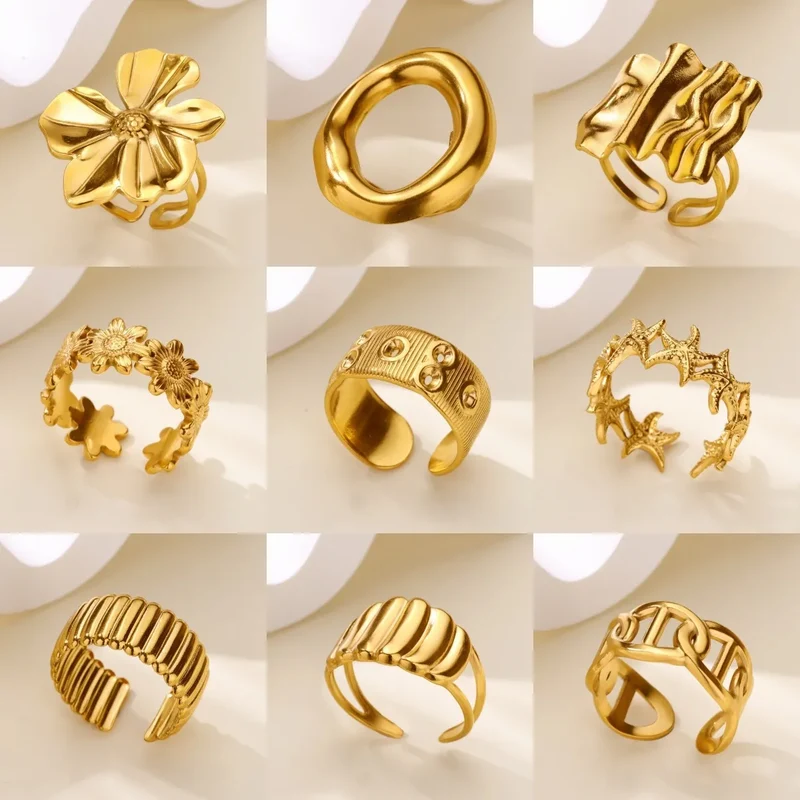 Gold Color Stainless Steel Delicate Flower Rings for Women Fashionable Elegant Versatile Wide Finger Ring Daily wear Jewelry