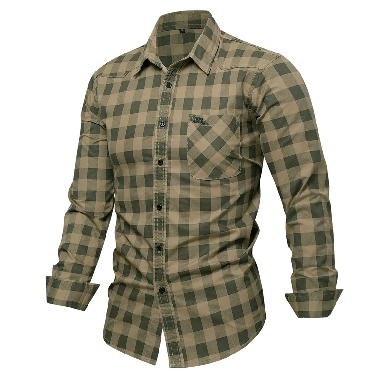 2025 Autumn New Fashion Men's 100% Cotton Plaid Shirt Tops Casual Button Down Long Sleeve Letter Embroidery Shirts with Pocket