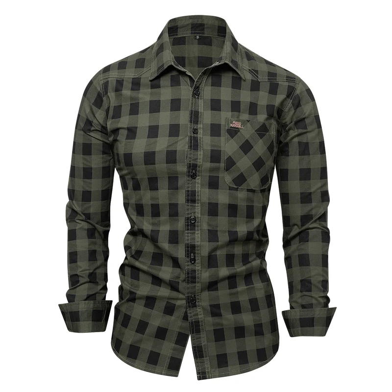 2025 Autumn New Fashion Men's 100% Cotton Plaid Shirt Tops Casual Button Down Long Sleeve Letter Embroidery Shirts with Pocket