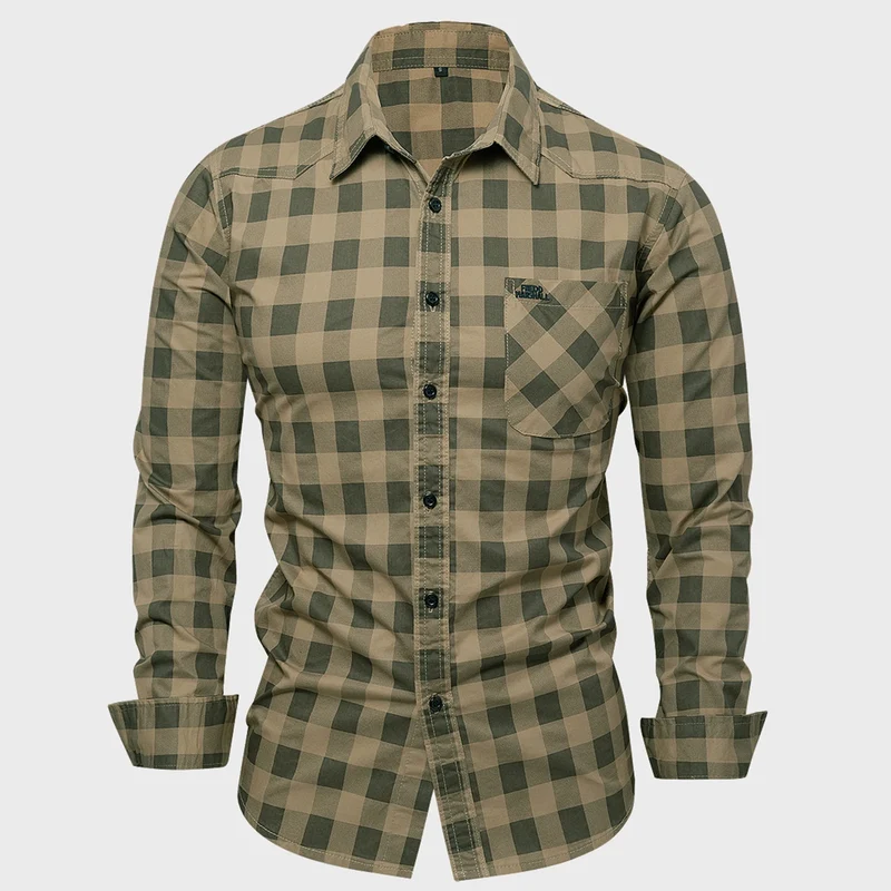 2025 Autumn New Fashion Men's 100% Cotton Plaid Shirt Tops Casual Button Down Long Sleeve Letter Embroidery Shirts with Pocket